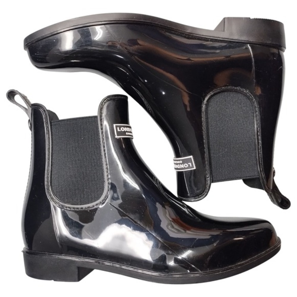 London Fog Collection Rain Boots Women's US Size 7 Black Patent Leather Pull‎ On